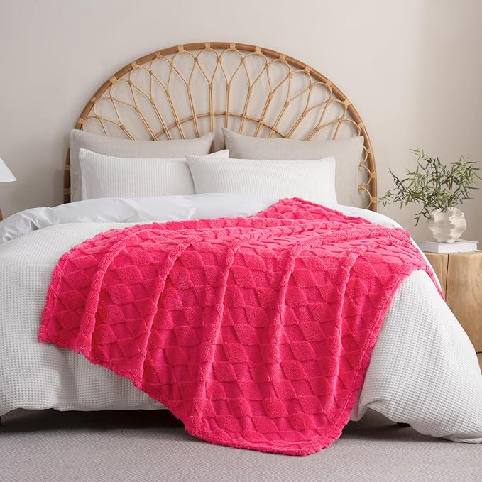 Hot Pink Throw Blanket for Couch Sofa Bed 50x60 inches,Fleece Blankets Microfiber Flannel with Diamond Checkered Pattern Lightweight Plush Soft Cozy Gifts for Women Mom Girls