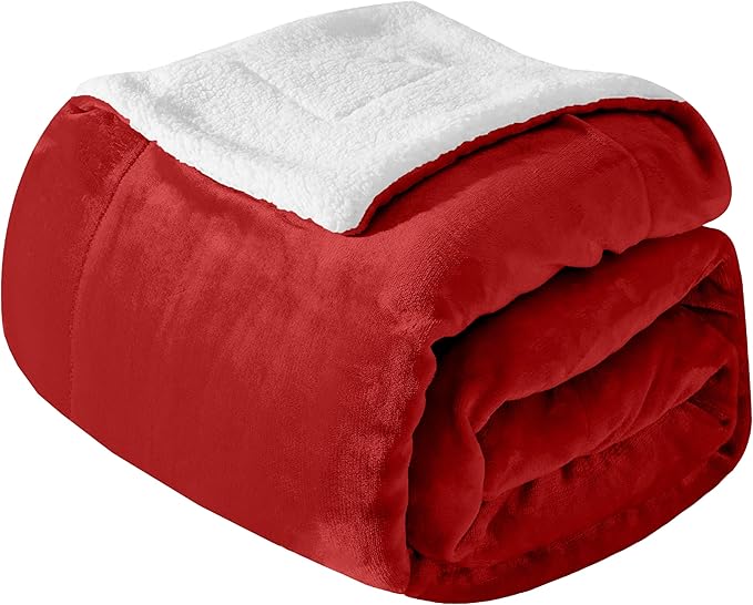 Mocassi Premium Ultra-Soft Velvet Touch Flannel Fleece Sherpa Throw - Warm Cozy Reversible Plush Micromink Throw Blanket for Couch, Bed and Sofa - Fluffy, Christmas Winter Bedding Gift, Red