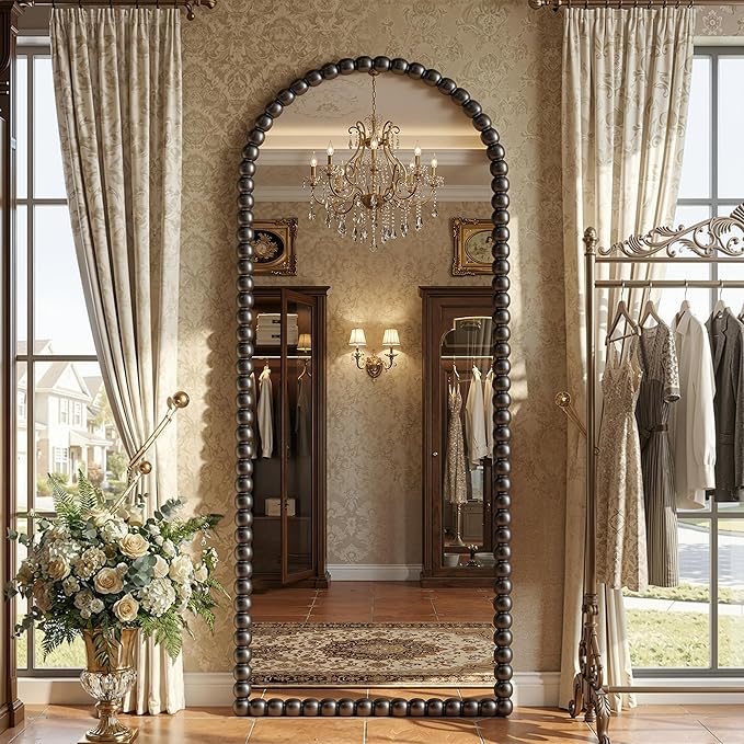 Antok 57" x 21" Arched Full Length Mirror, Antique Beaded Frame Floor Standing or Wall Mounted Mirror with Stand for Bedroom, Entryway, Black, Luxury Style