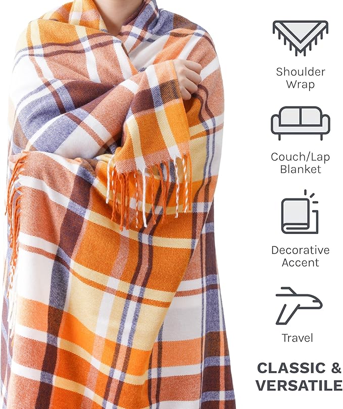 BATTILO HOME Fall Plaid Throw Blanket for Couch Bed, Decorative Orange Fall Blankets, Buffalo Checkered Plaid Blankets and Throws Farmhouse Style for Home Fall Decor 50"x60"