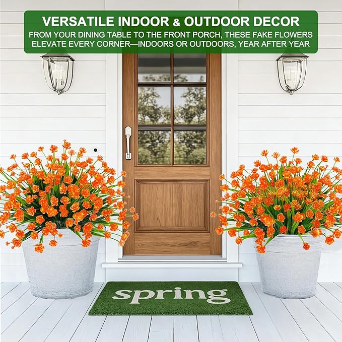 20 Bundles Artificial Flowers for Outdoors Spring Summer Decor-UV Resistant Fake Mums Faux Plants Plastic Flowers Greenery for Home Porch Gardens Fireplace Patio Indoor Outsides Decor(Orange Red)