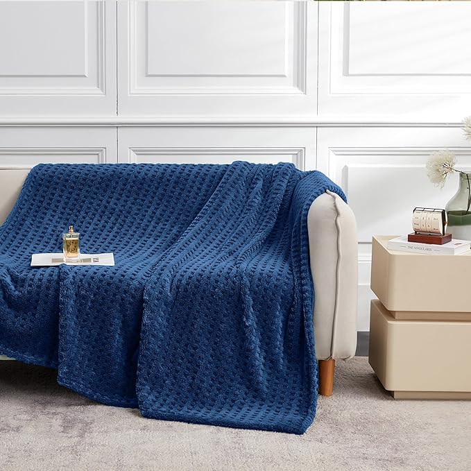 Soft Cozy Fuzzy Fleece Throw Blanket, Waffle Navy Blue, 50x60 Inches – Lightweight, Fluffy, and Warm 3D Jacquard All-Season Blanket for Couch, Bed, Sofa, Home Decor, Camping, and Travel