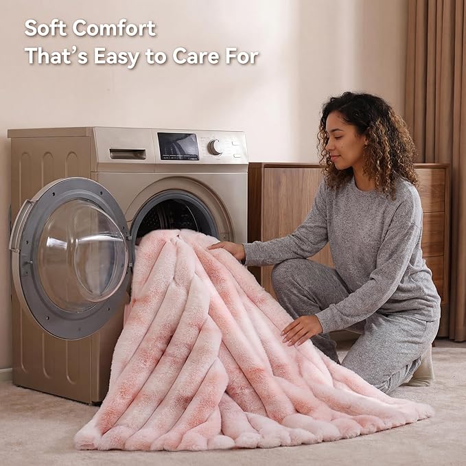 Smoofy Fluffy Faux Fur Throw Blanket - Super Soft Thick Plush Cozy Fuzzy Rabbit Fur, Luxury Warm Fleece Minky Stripe Blanket for Couch, Sofa, Room Decor Gift for Women, Tie Dye Pink Throw, 50x60