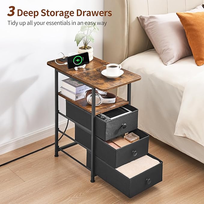 Narrow End Table with Charging Station, Narrow Side Table with 3 Fabric Drawers, Slim Nightstand with LED Light, Small Table with Storage, Living Room, Bedroom, Rustic Brown HKET1303BR