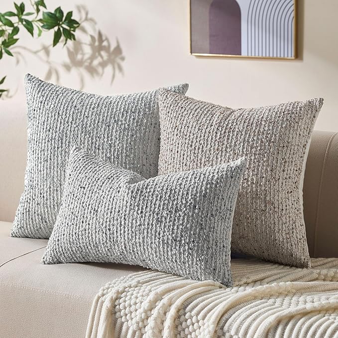 Allorry Decorative Couch Throw Pillow Covers 12x20 Set of 2 Blue Striped Soft Wool Pillow Covers Neutral Textured Boho Cushion Covers for Modern Farmhouse Sofa Bedroom Living Room Decor SY012-C12