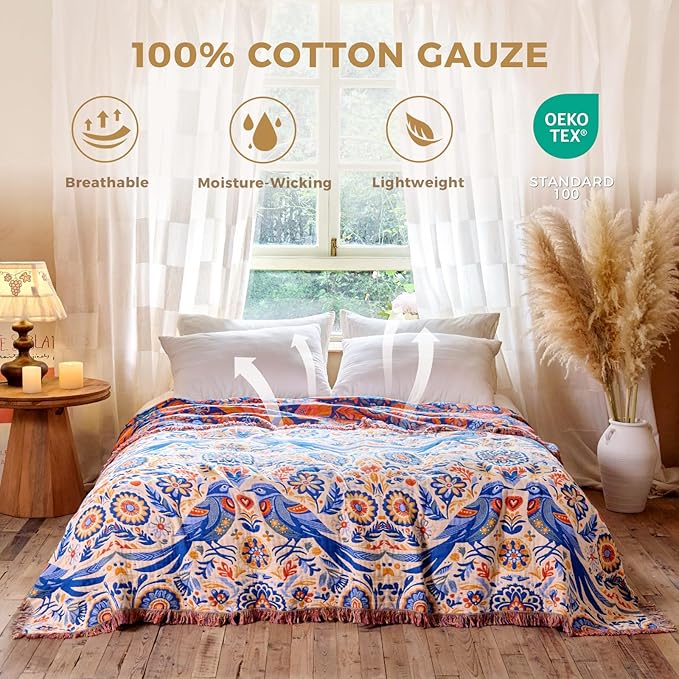 Boho Throw Blanket for Bed Cotton Spring Blankets Twin Size for Bedroom Living Room All Season Lightweight Floral Bird Embroidery Breathable Quilt for Couch Sofa Chair 60"x80" Home Decor