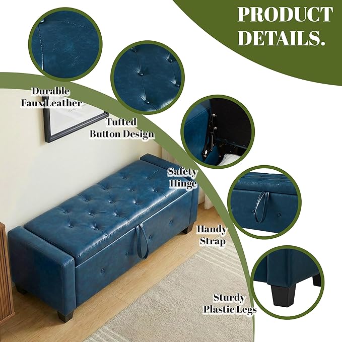 48" PU Leather Storage Ottoman Benches for Bedroom,Tufted Ottomans with Storage for Living Room,Mid Century Modern Bench with Seating for Entryway,Window,Bedside (PU Blue, 48 inch)