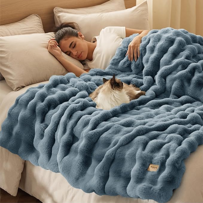 Bedsure GentleSoft Fluffy Fuzzy Greyish Blue Throw Blanket, Soft Cozy Fleece Faux Fur Blanket for Couch, Blue Room Decor Minky Velvet Bed Cover, Thick Warm Plush Birthday Gifts for Women Men Over 60