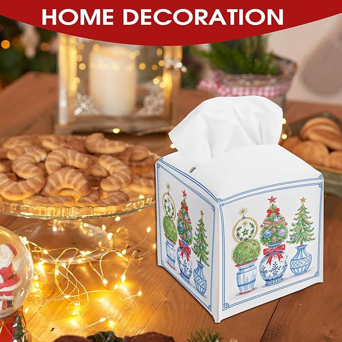 Christmas Trees Tissue Box Cover Square, Christmas Leather Tissue Box Cover Holder, Xmas Gift Ideas for Family Friends, Bathroom Kitchen Car Office Decor, Porcelain Print (5.2 Inches)-B03