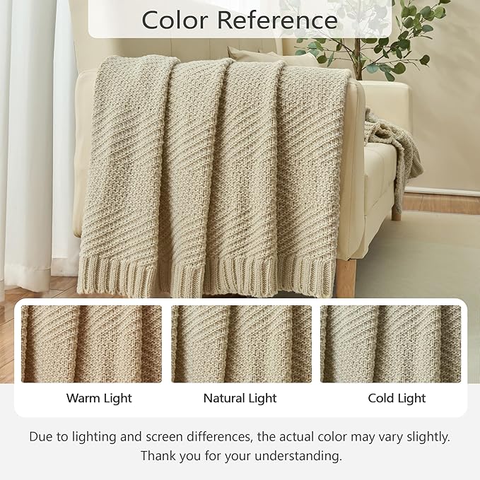 Knitted Throw Blanket 50"X60", Light Beige Knit Throws for Bed, Super Soft Boho Chevron Blankets for Couch Sofa Chair Room Decor, Textured Decorative Farmhouse Cozy Lightweight