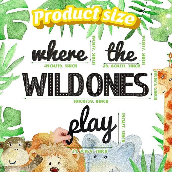 Where the Wild Ones Play Nursery Sign Wooden Playroom Wall Decor Playroom Decoration Word Play Room Sign for Wall Plaques(40 Inch,Black)