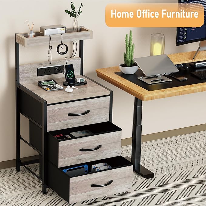 Night Stand Set 2 with LED Lights for Bedroom, Bedside Nightstands with Power Outlet and Type C Port, Matching Tables with 3 Fabric Drawers, Hooks, and Shelves, Greige