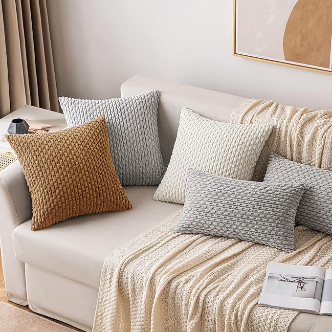 MIULEE Pack of 2 Decorative Throw Pillow Covers 18x18 Inch Soft Boho Striped Textured Corduroy Pillow Covers Modern Farmhouse Home Decor for Couch Bed Sofa Living Room Light Coffee