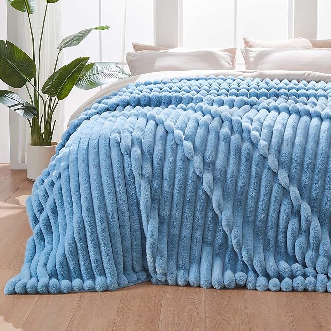 Lotus Karen Faux Fur Blanket for Bed Queen Size, Cozy Soft Fluffy Fuzzy Blue Blanket, Striped Warm Thick Furry Plush Shaggy Large Blankets for Women, 90x90