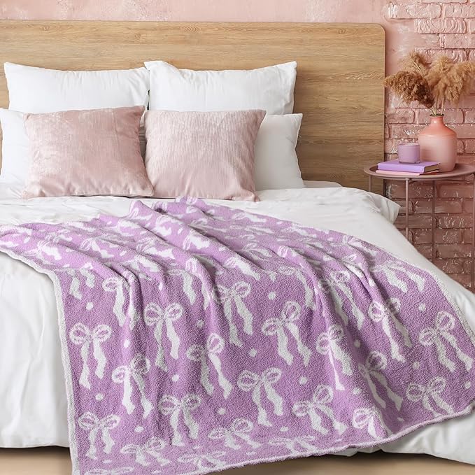 Buryeah Purple Bow Blanket Soft Microfiber Double Sided Bow Throw Blanket 50"x 60" Coquette Aesthetic Plush Bedding Stuff Sofa Chair Dormitory Room Decor for Women, Wedding Bridesmaid Gifts, Mother