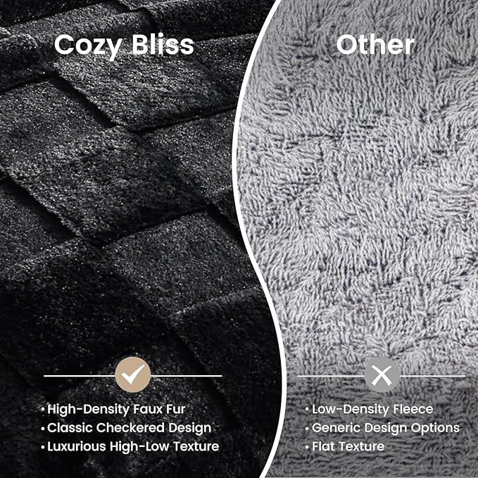 Cozy Bliss Checkered Faux Rabbit Fur Blanket King Size for Bed, Soft Fuzzy Blankets for Women Men, Large Furry Fleece Throw for Bedroom Decor (Black,108" x 90")