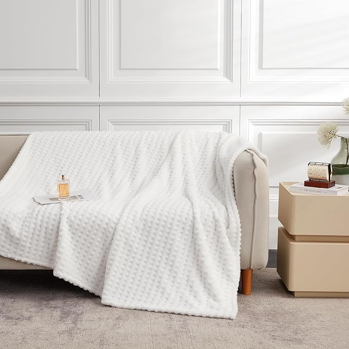 Soft Cozy Fuzzy Fleece Throw Blanket, Waffle Ivory White, 50x60 Inches – Lightweight, Fluffy, and Warm 3D Jacquard All-Season Blanket for Couch, Bed, Sofa, Home Decor, Camping, and Travel