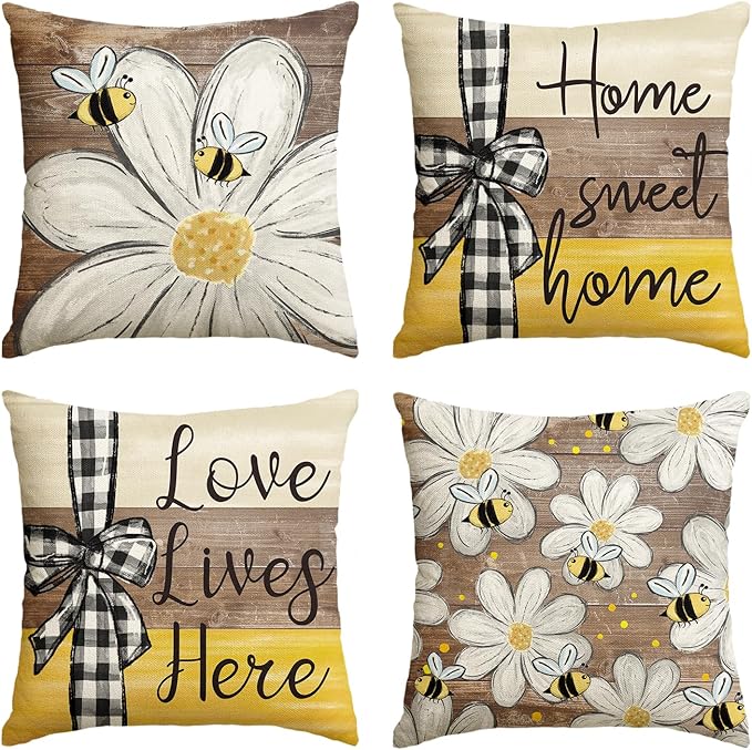 AVOIN colorlife Home Sweet Home Bee Daisy Throw Pillow Covers, 20 x 20 Inch Love Lives Here Spring Summer Stripes Polka Dots Cushion Case for Sofa Couch Set of 4