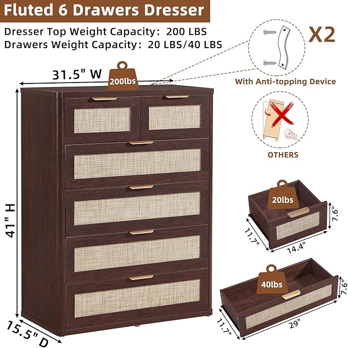 LEYAOYAO Rattan Dresser for Bedroom Set of 2, 41" Tall Chest of Drawers, Modern 6 Drawers Boho Dressers with Storage, Vintage Brown Dresser Wooden Closet Organizer for Living Room, Hallway