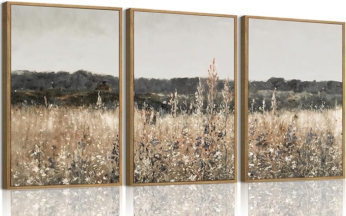 Wodkwq 3 Piece Vintage Landscape Canvas Wall Art Framed,Above Bed Wall Art,Farmhouse decor,Neutral Minimalist Wall Painting,Wildflower Art Prints For Living Room,Bedroom,Office 12x16in