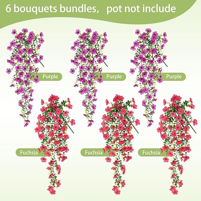 Artificial Flowers for Outdoors Spring Decor, 6 Bundles UV Resistant Realistic Fuax Silk Hanging Flowers, Fake Plants for Planter Indoor Outside Garden Porch Patio Balcony Yard Farmhouse