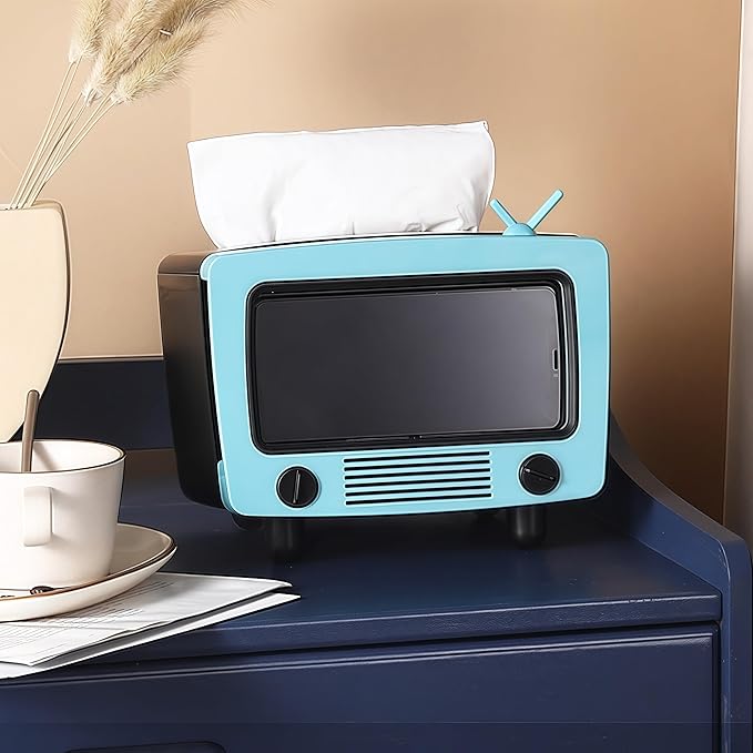 SGVAHY Tissue Box Holder Retro TV Tissue Box Cover Cute and Practical Cell Phone Holder Tampon Holder for Bathroom Kitchen Bedroom Dressers Desks and Tables Night Stands Creative Gift(Light Blue)