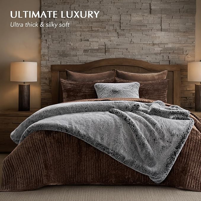 EVERGRACEHOME Luxury Soft Faux Chinchilla Fur Throw Blanket for Couch, Warm Thick Heavy Winter Throw Blanket 1220GSM for Bed, Fluffy Cozy Mink Blanket with Reversible Velvet, Onyx Mink, 50"x60"