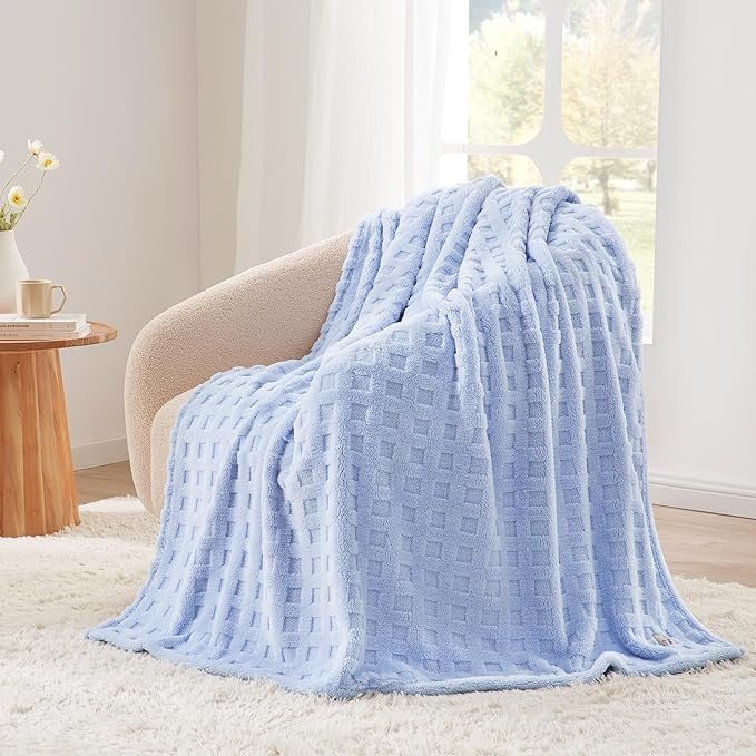 Cozy Bliss Ultrasoft Waffle Throw Blanket, Fluffy Cute Plush Blanket for Couch, Bed, Modern Home Accent, Portable for Picnic or Outdoor, Light Blue, 60"x80"