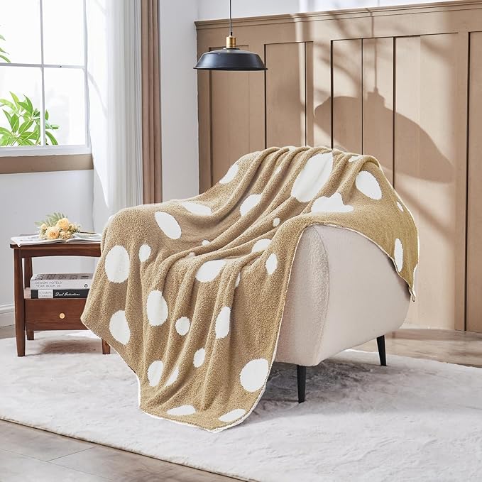 CozeCube Super Soft Fullfy Microfiber Reversible Knitted Blankets, Warm Cozy Fuzzy Plush Throw, Beige and White Polka Dot Throw Blanket for Couch Bed Sofa, 60" x 80"