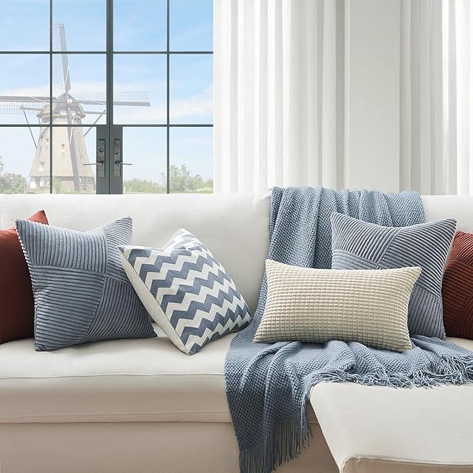 Topfinel 22x22 inches Dustyblue Euro Pillow Shams Set of 2 Corduroy Decorative Throw Pillow Covers for Bedroom Living Room, Windmill Textured Striped Patchwork Couch Pillow Covers 55x55 cm