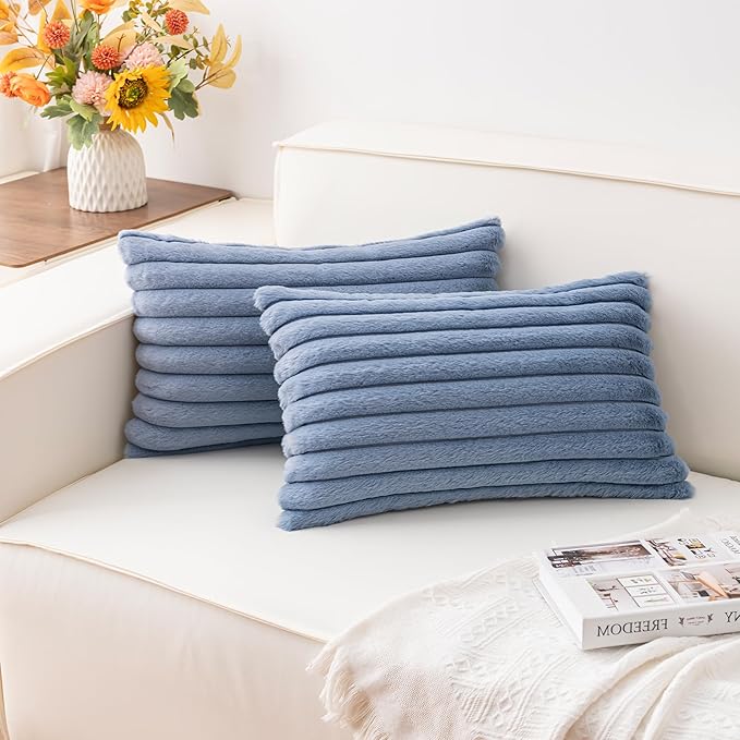 Aegero Pack of 2 Faux Fur Christmas Throw Pillow Covers 12x20 Inch, Soft Plush Striped Neutral Couch Pillow Cover, with Velvet Back Modern Home Decor for Sofa Living Room Couch Bed Blue