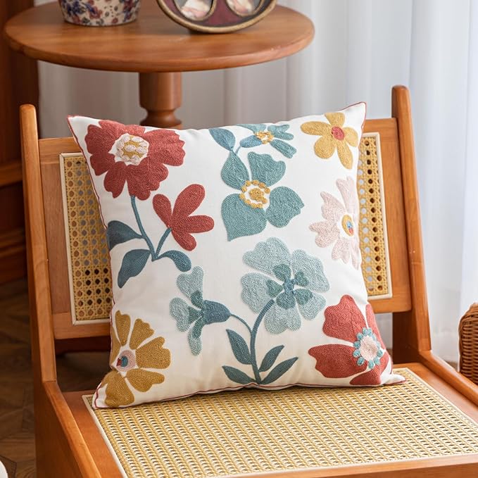 YIcabinet Pack of 2 Throw Pillow Covers,Embroidered Flower Pillow Case Soft Square Decorative Pillowcases for Home Sofa Couch 18x18 Inch