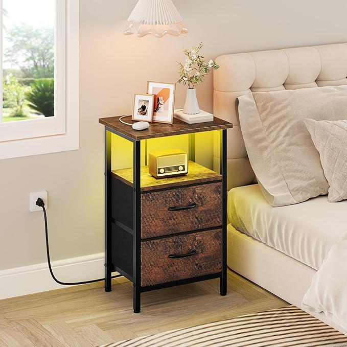 Vagusicc Nightstands Set of 2 Charging Station, End Tables with LED Lights, Bedside Table with 2 Fabric Drawers & Storage Shelves, 24.2" Tall Side Table Night Stand Set 2 for Bedroom, Rustic Brown