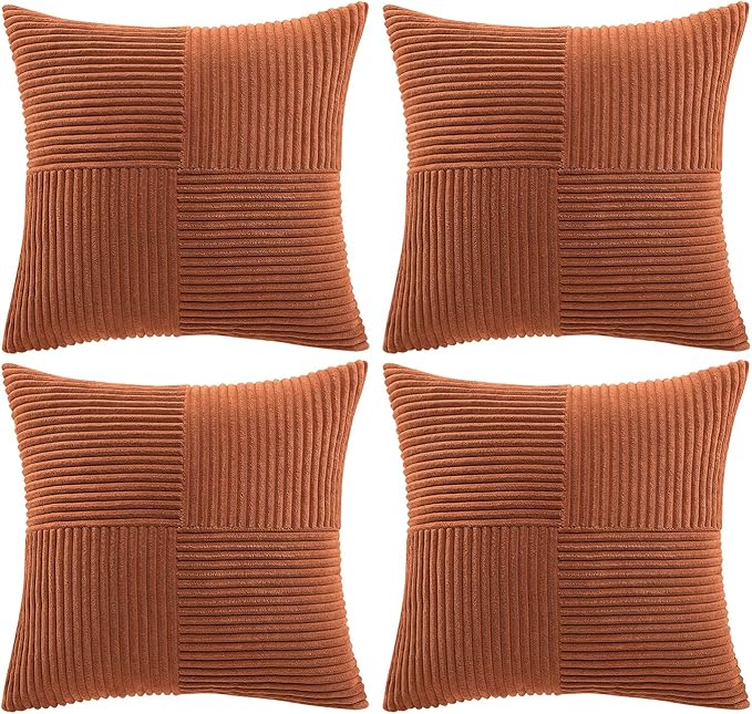 Fancy Homi 4 Packs Rust Decorative Throw Pillow Covers 20x20 Inch for Living Room Couch, Rustic Farmhouse Boho Home Decor, Soft Cross Corduroy Patchwork Accent Terracotta Square Cushion Case 50x50 cm