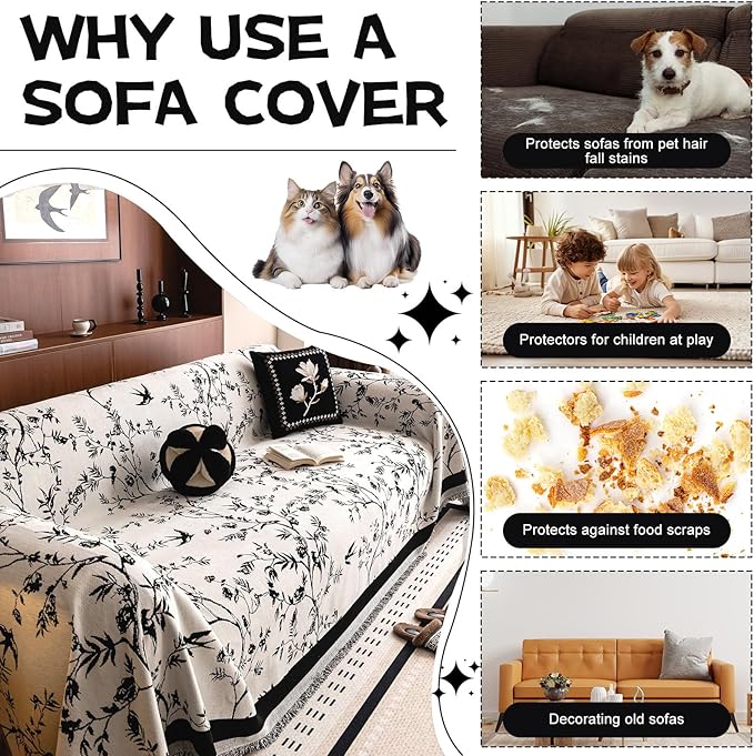 HANDONTIME Couch Cover for Dogs Washable Bird Floral Pattern Slipcovers for Couches and Sofas White Sofa Covers with Black Jacquard Flower Chenille Couch Cover Blanket Pet Friendly, 71" X 150"
