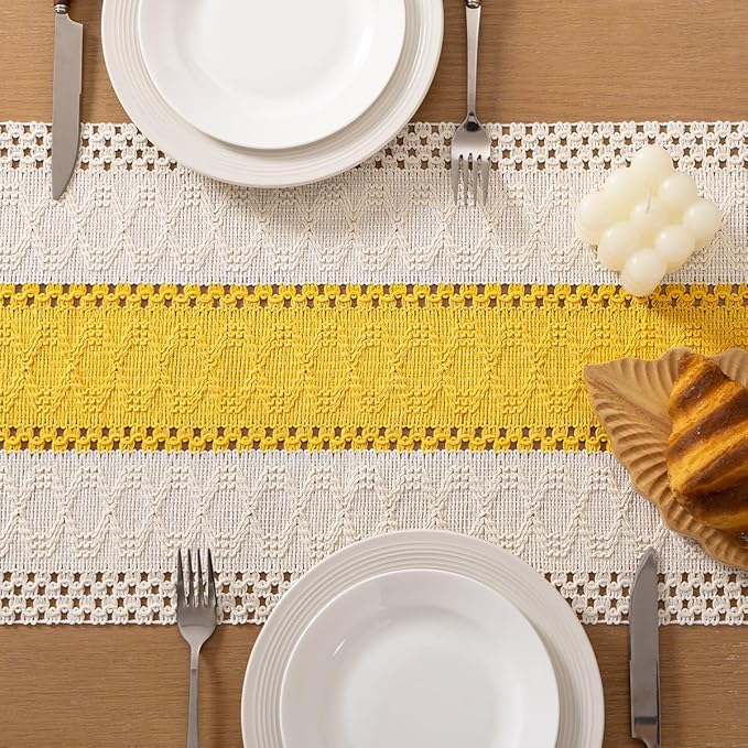 Socomi Boho Table Runner Easter Spring Farmhouse Rustic Dining Kitchen Centerpiece Decor Small Macrame Woven Cotton Coffee Table Runner for Dresser Scarf Home Decor 12x36 in Yellow Gold Ivory