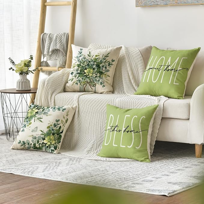 AVOIN Colorlife Home Sweet Home Eucalyptus Leaves Green Throw Pillow Covers, 16x16 Inch Spring Summer Seasonal Decorations Set of 4