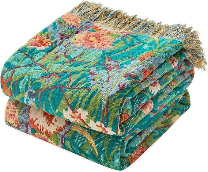 Cotton Boho Blanket Queen Size Soft Spring Lightweight Bed Quilt Floral Embroidery Blanket for Bedroom Living Room Home Decor Reversible Blankets 90"x90"