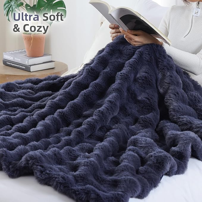 Smoofy Faux Fur Throw Blanket for Couch – Navy Blue Fluffy Cozy Rabbit Fleece, Plush Soft Bubble Blanket for Sofa & Bed, for Mom, Warm Fuzzy Home Room Decor Throw 60" x 80"