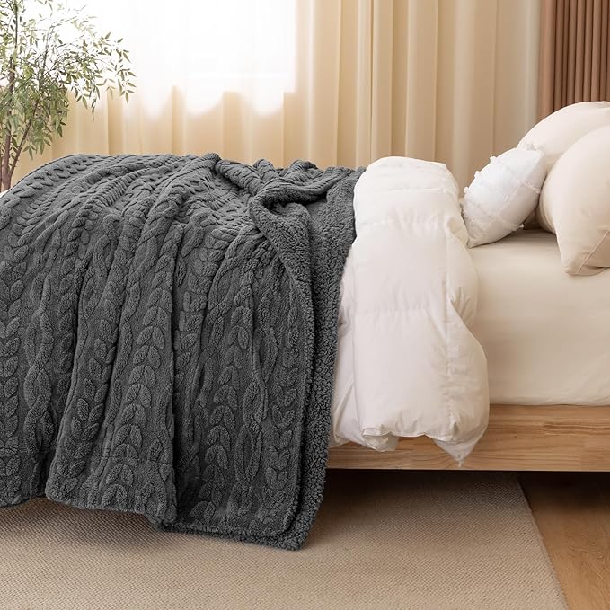 PHF Fluffy Sherpa Blanket Queen Size for Winter, Warm and Soft, 510GSM 3D Jacquard Thick Shaggy Fleece Plush Blanket for Sofa Bed, Dark Grey, 90"x90"
