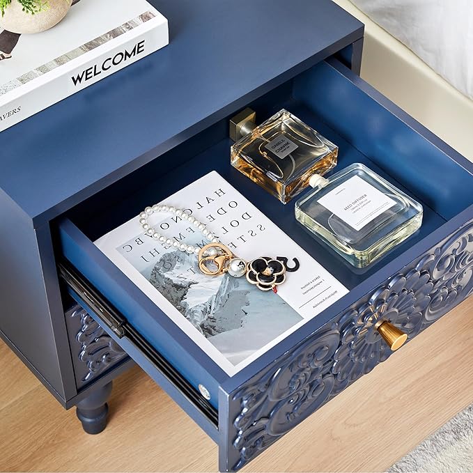 Nightstand, Farmhouse Bedside Table with 2 Drawers and Metal Handles, Wood Sofa Side Table End Table Accent Dresser for Bedroom, Living Room (Blue) (15.75 x 16.02 x 18.15 Inch)