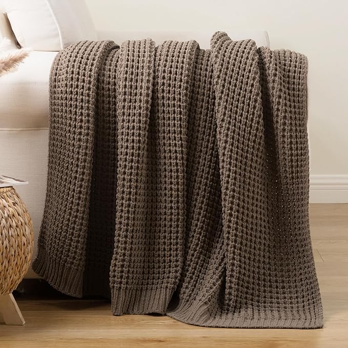 Bunnikins & Clover Knitted Waffle Throw Blanket 50x60 Inches, Camel Tan Throw Blanket for Couch, Tan Blanket Fluffy Cozy Knit Soft Throws for Women Mothers Birthday Gifts