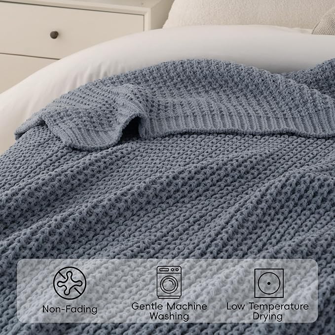 Bunnikins & Clover Blue Grey Throw Blanket for Couch, Thick Warm Soft Cozy Knitted Chenille Throw Blanket for Sofa, Bed, Living Room, 60"x80"