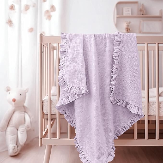 Konssy Flounce Muslin Baby Blanket for Girls Boys, 100% Cotton Soft Crib Swaddle Blankets, Reversible & Breathable Nursery Bedding for Newborns Toddlers, 40 x 36 Inches (Purple)