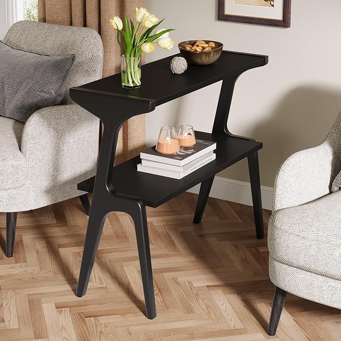 Tribesigns Set of 2 Solid Wood End Table, Modern Side Table for Couch, 2-Tier Narrow Tall End Table, Long Bedside Table for Living Room, Bedroom, Black