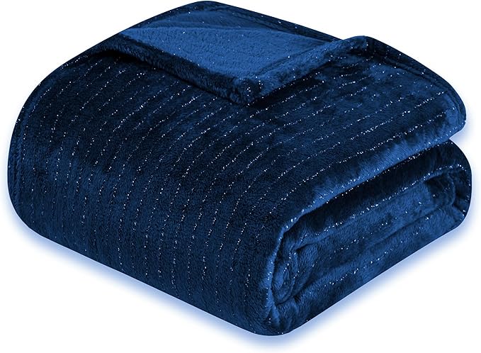 Super Soft Flannel Throw Blanket 50x60 Inches, Premium Gold Glitter Stripes Silky Fleece Lightweight Bed Blanket All Season Use, Navy Blue, 50"x60"