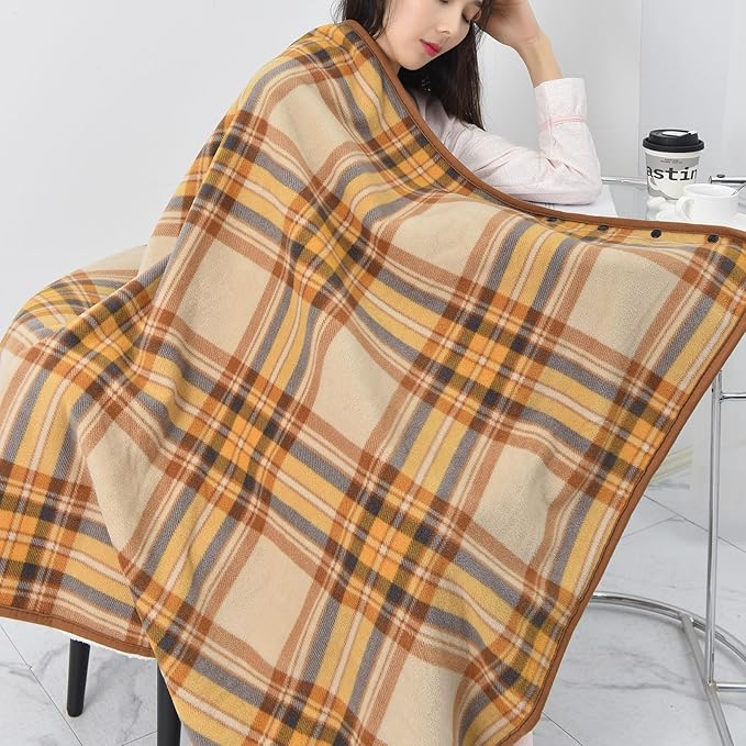 forestfish Fleece Wearable Blanket, Plaid Lap Blanket Comfy Poncho Throw with Buttons for Bed Sofa Office, Yellow