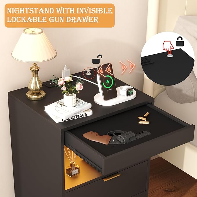 Yusong Night Stand with Gun Drawer & Invisible Lock, Bedside Table, LED Nightstand with Charging Station, Modern Night Stand, Wood Sofa Couch End Side Table with 2 Pull-Out Shelf, Black