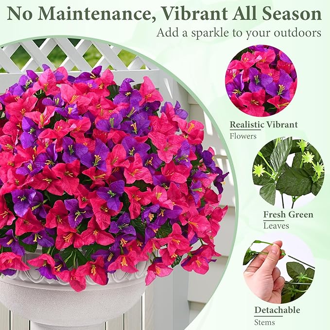 Yastouay 16 Bundles Artificial Flowers for Outdoors, Bougainvillea Fake Flowers for Outside, UV Resistant Silk Outdoor Faux Plants for Porch Patio Planter Front Door Garden Decor(Fuchsia Hot Pink)