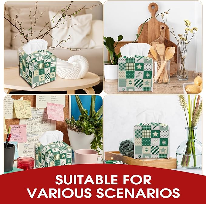 Christmas Patchwork Print Design Tissue Box Cover Holder, Green Waterproof Tissue Box Cover Square, Xmas Gift Ideas for Family Friends, Bathroom Kitchen Car Office Home Decor(5.2 Inches)-B20